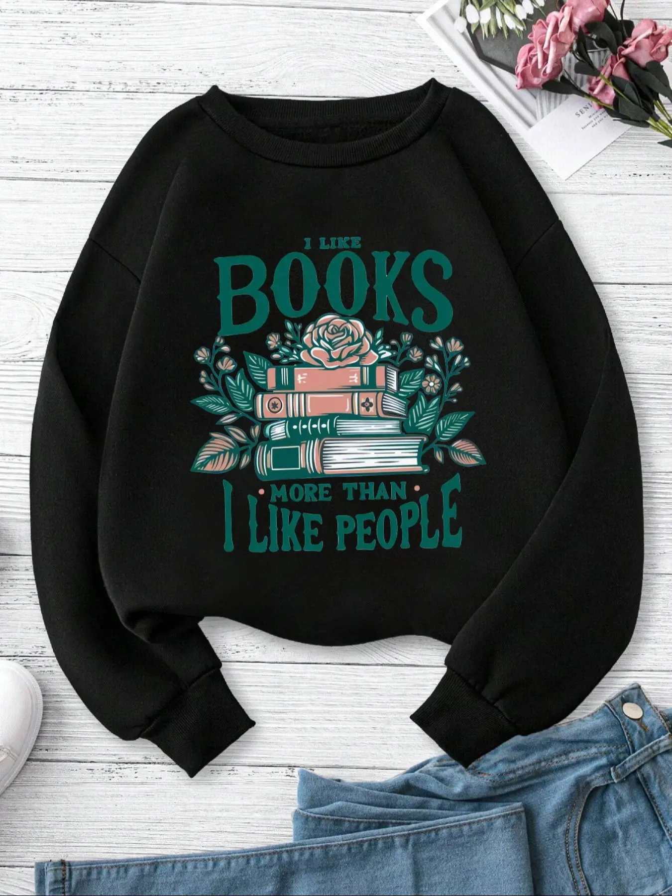 Women's Letter & Book Print Round Neck Sweatshirt, Casual Long Sleeve Crew Neck Pullover for Daily Wear, Ladies Clothes for All Seasons