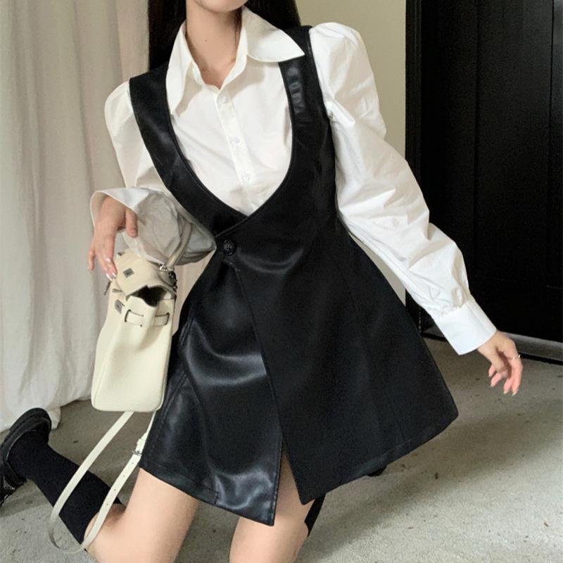 Bộ Váy Vest Da, Chất Lượng Cao Cấp, Dành Cho Nữ, Thích Hợp Cho Mùa Xuân Và Mùa Thu, Phong Cách Hàn Quốc, Thời Trang, Bao Gồm Áo Sơ Mi Màu Top Women 3