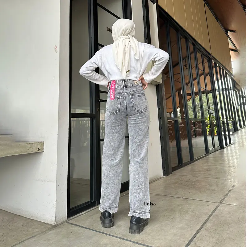 JINISO GET LOW - 581 Baggy Highwaist Celana Jeans Wanita Warna Snow Grey 4