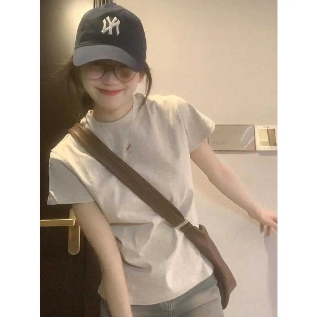 Cotton all-match gray short-sleepted summer WOMEN'S T-shirt new slim fit slim American design casual slim top