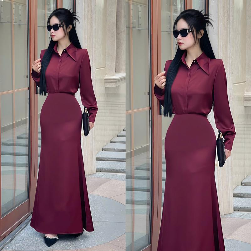 Set Đầm Nữ Thiết Kế EMME T3184 - 2 Món Gồm Áo Sơ Mi Lụa Phối Chân Váy Ôm Lài Đuôi Cá Dáng Dài Top Váy Lụa Nữ - THANH TỰ