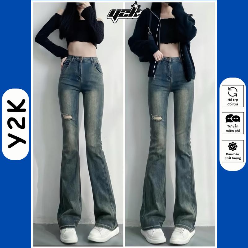 Quần JEAN ỐNG LOE MÀU RETRO nữ cạp cao rách đùi bò rin 95cm co giãn jeans lưng cao Y2K Women Pants
