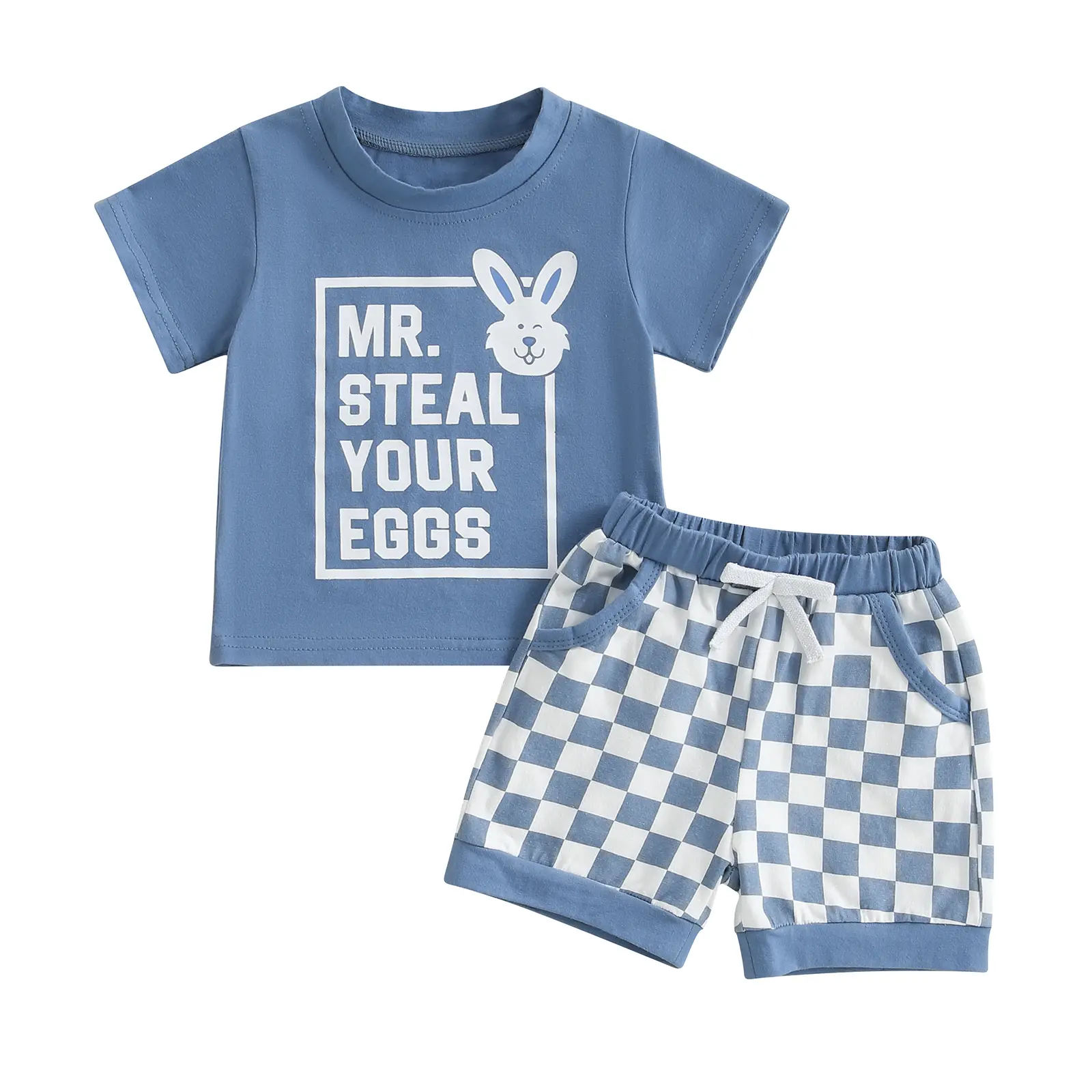 Baby Toddler Boy Easter Outfit Letter Bunny Short Sleeve T-shirt Checkered Shorts 2 Piece Set