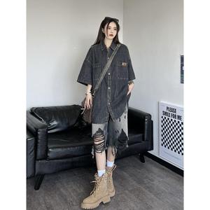 กางเกงยีนส์ Capris ขาด สไตล์ฮิปฮอป สำหรับผู้หญิง ขาตรง เอวสูง ทรงหลวม กางเกงขากว้าง มาใหม่