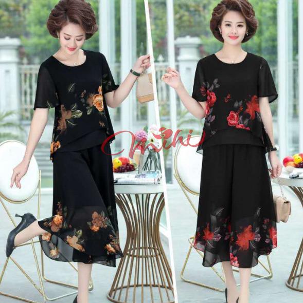 Set Bộ đồ trung niên nữ đẹp dự tiệc sang trọng B75 - Đồ bộ mặc nhà cao cấp dài qua gối - Shop quần áo kiểu thời trang cho mẹ cho bà cho người lớn tuổi trung tuổi U40 U50 U60 U70 mặc mùa hè thu đông giá rẻ Bigsize cỡ lớn