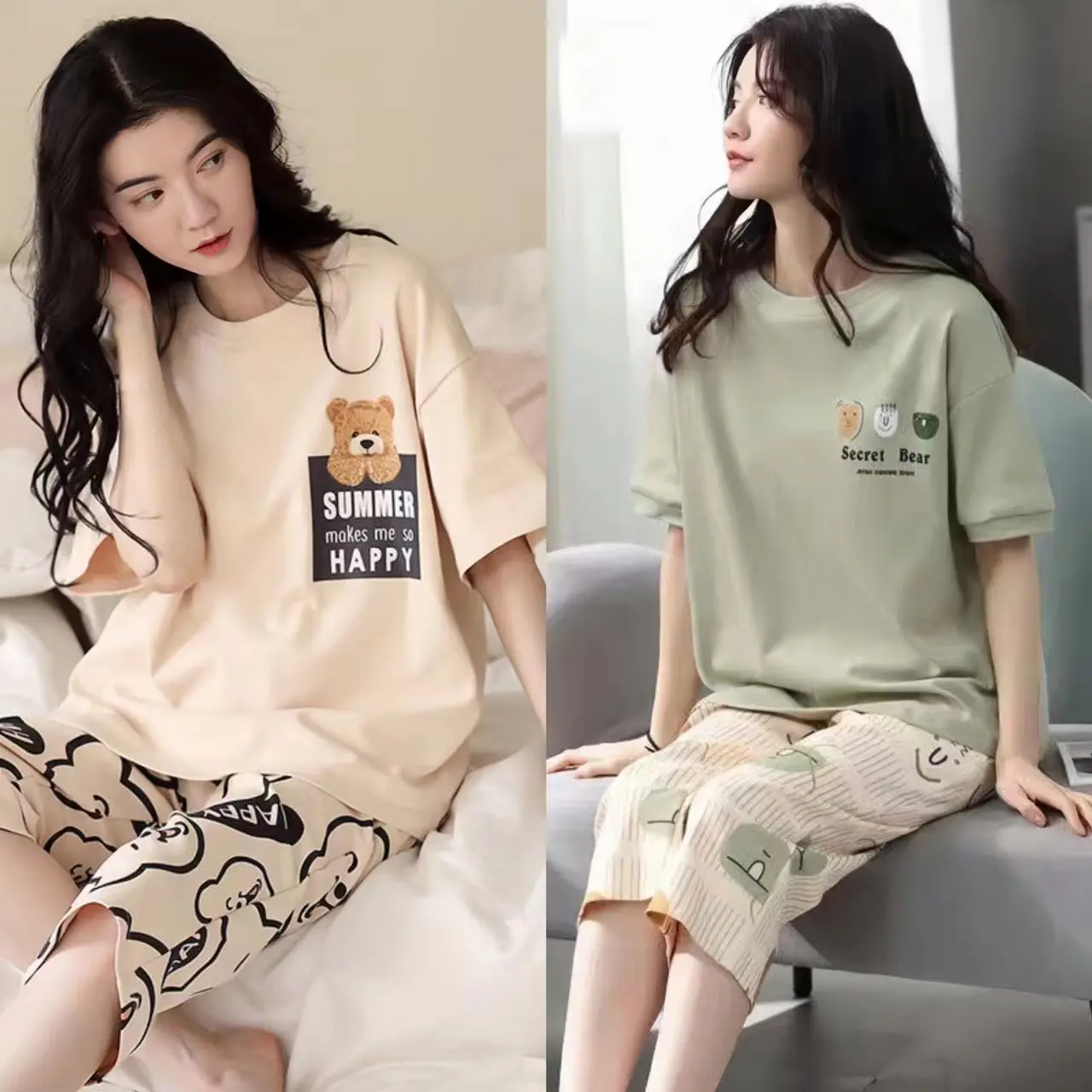 Bộ Đồ Ngủ Nữ, Phong Cách Hàn Quốc, Thích Hợp Mặc Nhà Và Đi Chơi, Bộ Đồ Mùa Hè, Ngắn Tay, Quần Cropped Xén, Mỏng, Có Thể Mặc Ngoài Trời, Bộ Đồ Hai Mảnh, K156 Áo Women Top