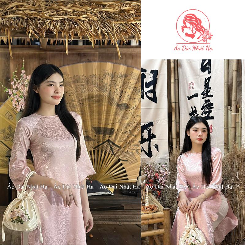 Áo Dài gấm cổ tròn cúc bọc tay loe, áo dài cách tân dáng xuông 0