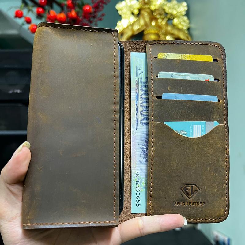 Ví Dài Mini Da Bò Cao Cấp -  Đựng Điện Thoại + Tiền + Thẻ, bỏ vừa túi quần Dành Cho Cả Nam/Nữ, nhỏ gọn và sang trọng Wallet Chữ Nhật