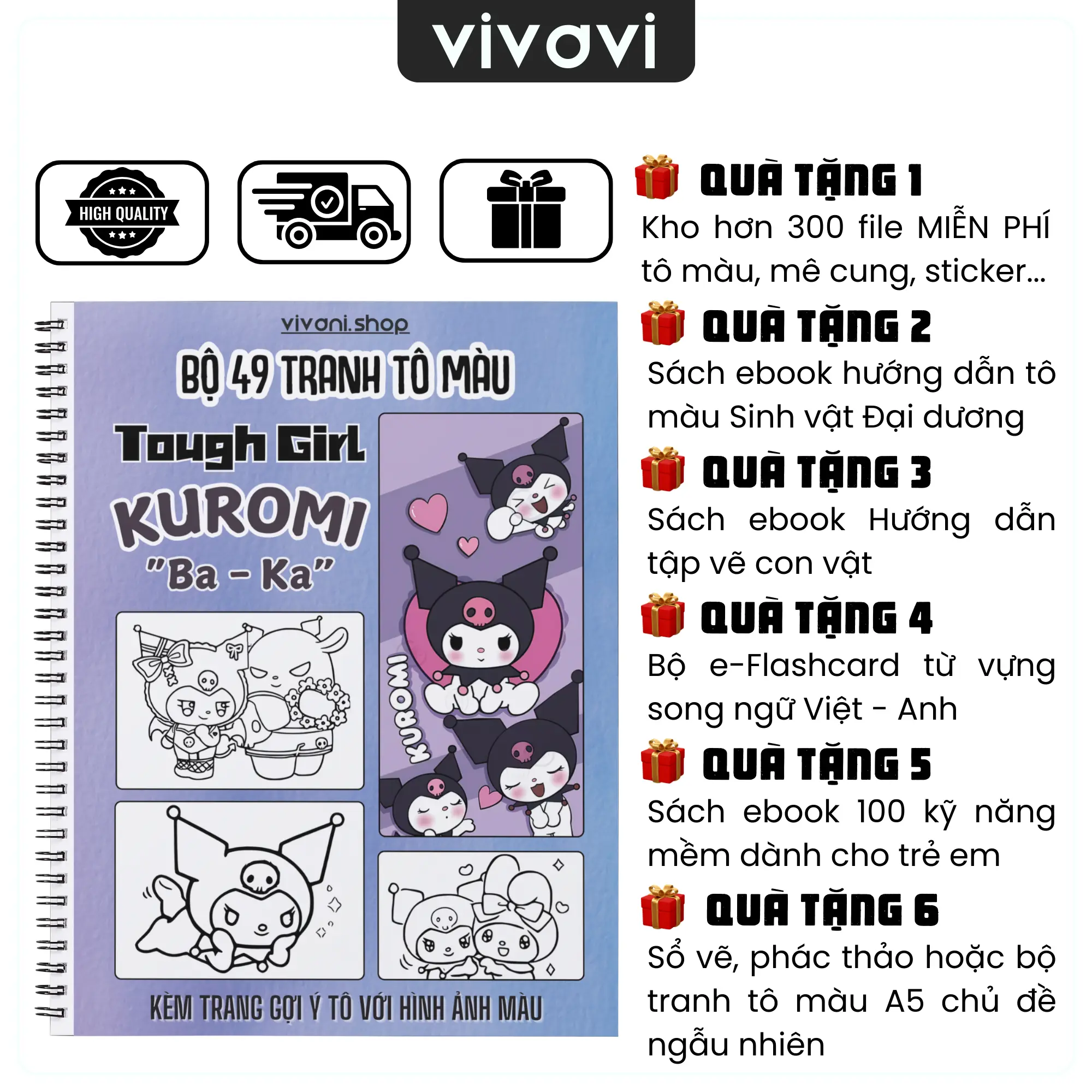 Bộ 49 Tranh tô màu hoạt hình Kuromi Tough Girl TM013 - Giấy A4 A5 kích thước lớn Đồ Chơi Toy