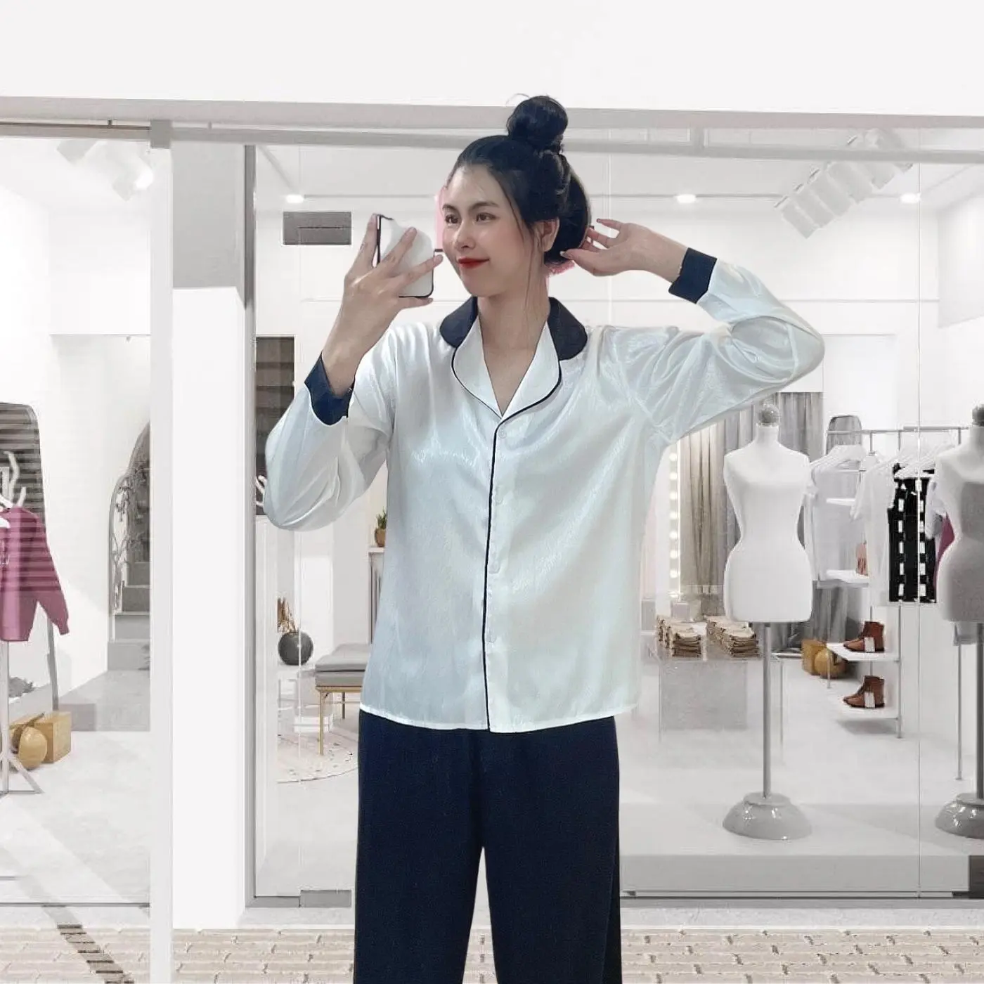 Bộ pijama Tơ Tằm Ánh Kim K0 phối cổ cute set đồ mặc nhà tay dài quần dài FPLUS