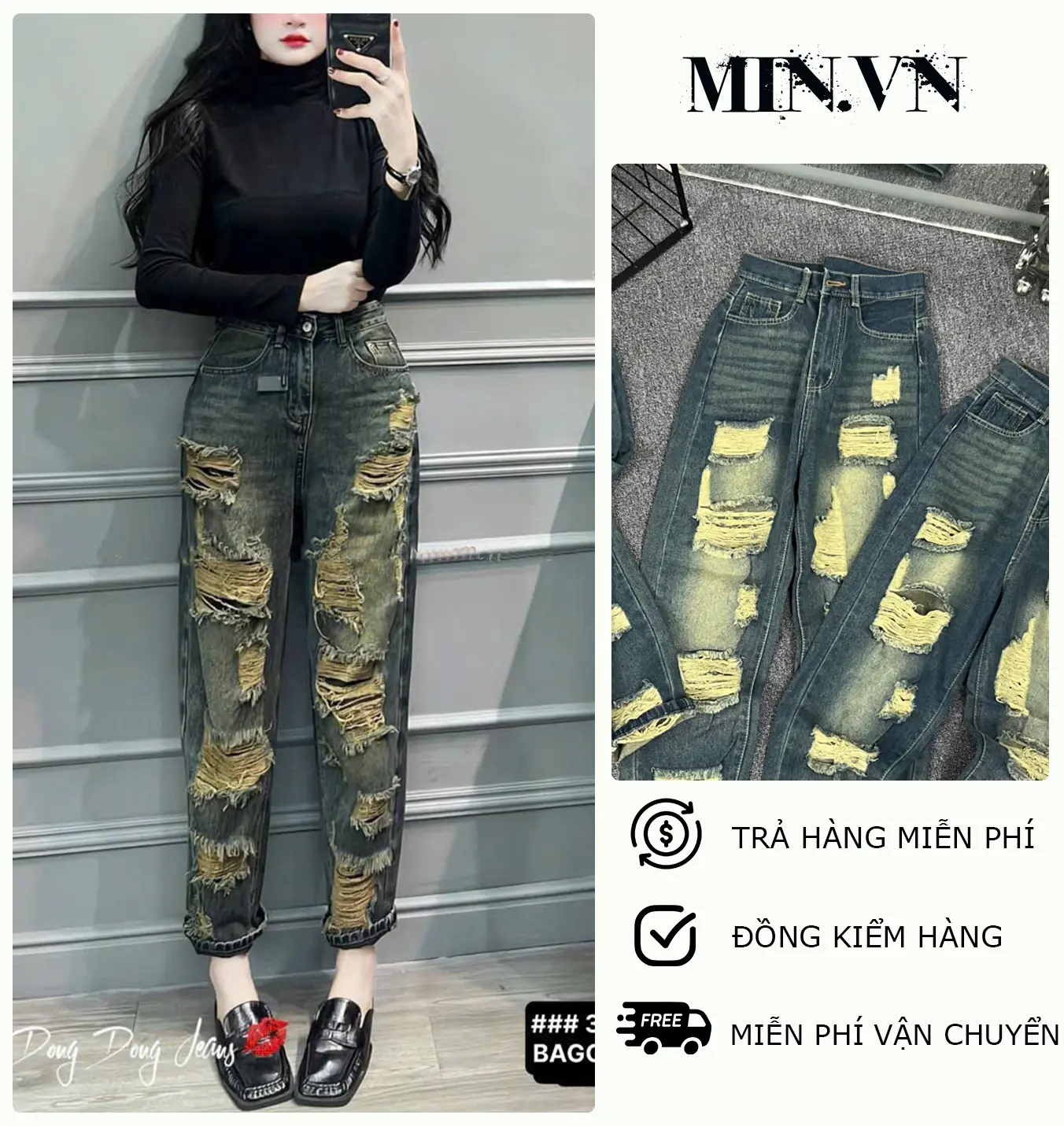 QUẦN BAGGY JEAN NỮ MÀU XANH ĐẬM DƠ RÁCH CÀO TE TUA PHÁ CÁCH ÔM DÁNG