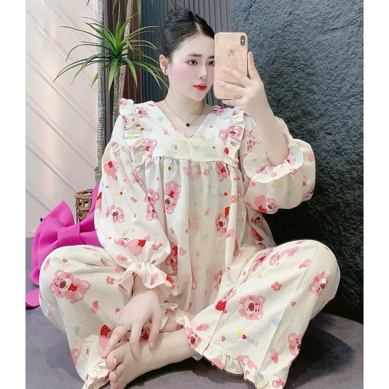 Set Bộ áo quần dài BaByDoll Đũi Xốp In hoạ tiết dễ thương . Nữ 1