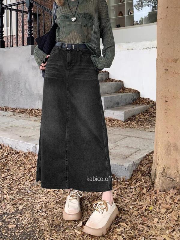 Chân váy jean nữ cạp cao dài qua gối, chân váy jean KABICO phong cách thanh lịch_A37