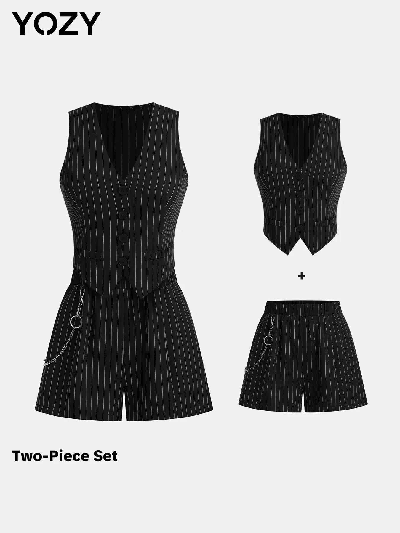 Two-piece Set YOZY Women's Striped Print Button Front Vest Blazer & Pocket Shorts, Casual Business Sleeveless Outerwear & Shorts for Work Office Business, Ladies Summer Clothes