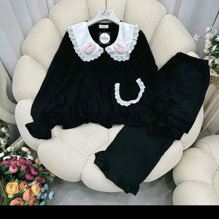 H1 Bộ ngủ nữ đũi nhung trơn cổ tròn tag gấu áo dài tay kiểu dáng tiểu thư Women 1