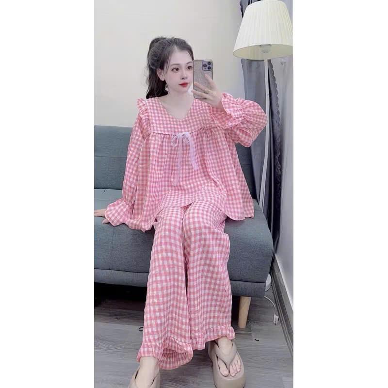 Set đồ bộ nữ babydoll kẻ caro dài tay bánh bèo, bộ đồ măc nhà kẻ caro tay dài quần dài tiểu thư bánh bèo kiểu dáng dễ | BigBuy360 - bigbuy360.vn