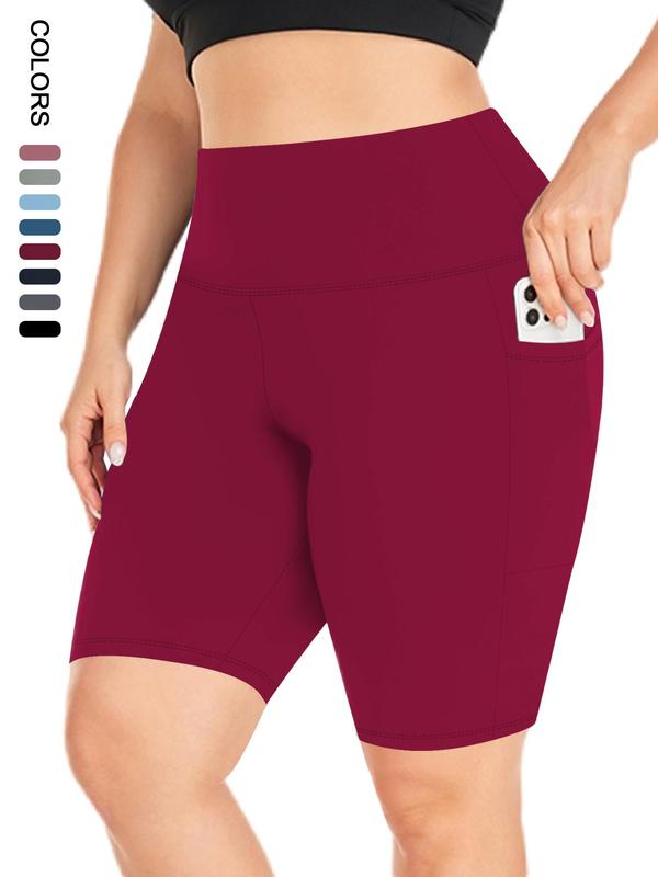 【Plus Size】 Plain High Waist Pocket Design Skinny Shorts, Casual Comfy Breathable High Stretch Seamless Shorts for Daily Outdoor Sport, Gym Wear, Shorts for Women, Workout Clothes 4
