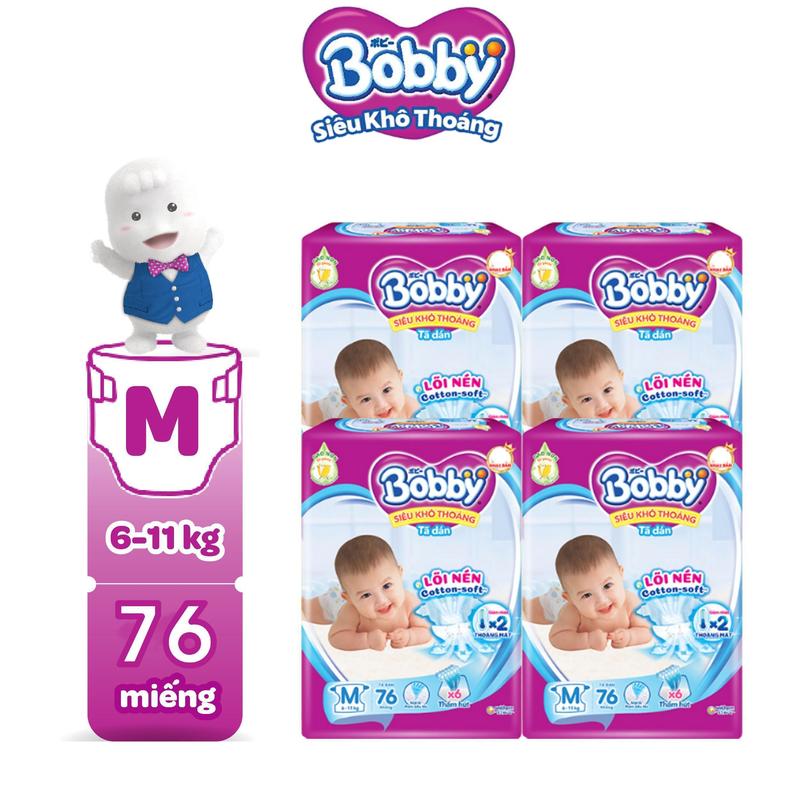 COMBO 4 Bobby Tã dán M76 Siêu khô thoáng Lõi nén cotton-soft Cho bé