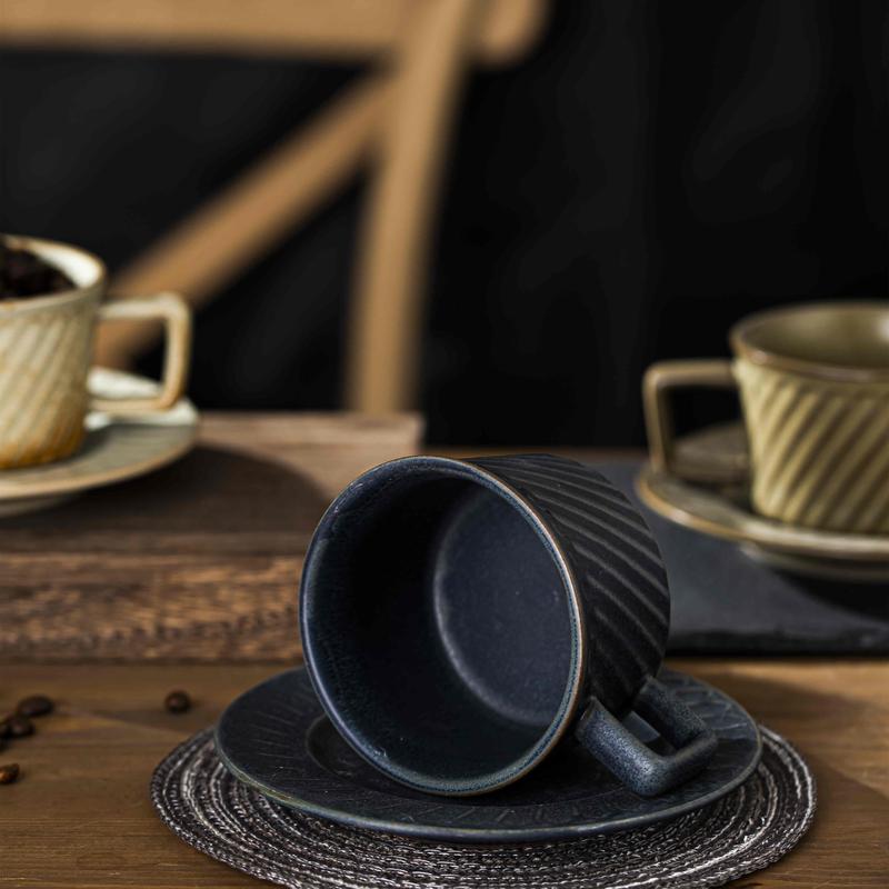 Product Introduction of Retro Cup & Saucer European Style Ceramic  Diagonal Lined Coffee  250ml 9