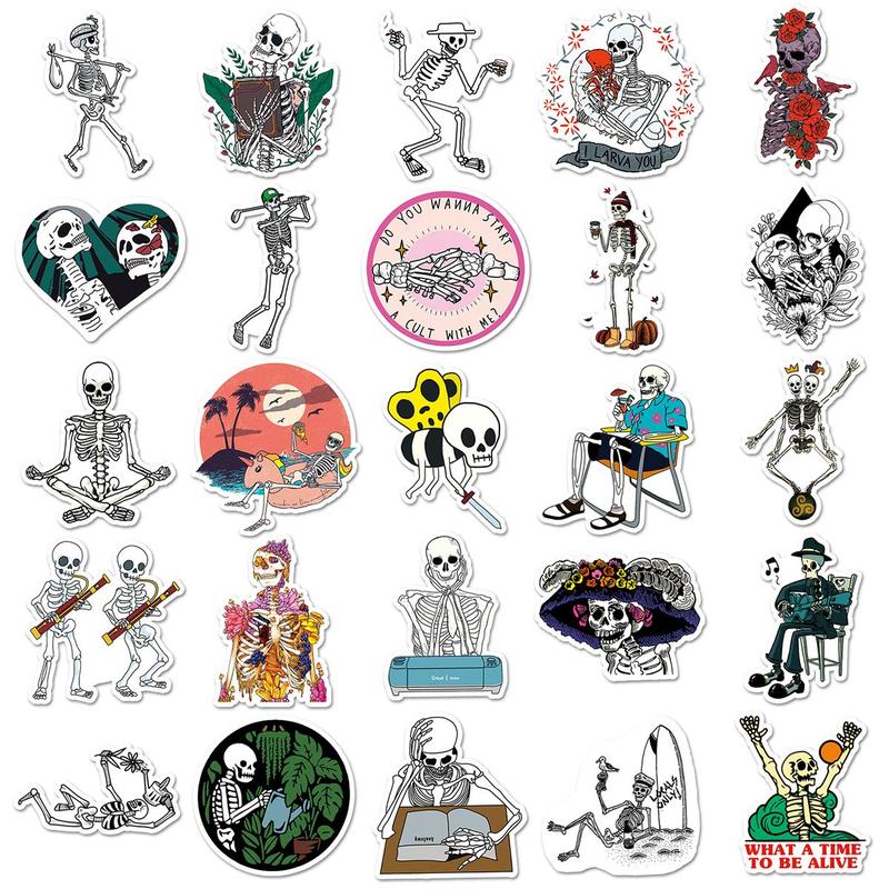 Creative Skull Pattern Sticker, 50pcs Waterproof Self Adhesive Decor Paper, Decor Sticker For Gift Greeting Card Waterbottle Laptop Phone 3