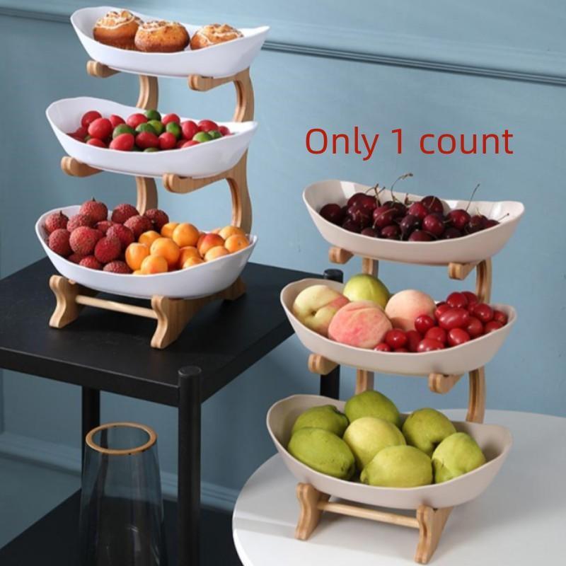 3 Tier Fruit Tray, 1 Count Dessert Plate with Bamboo Stand, Snack Serving Tray for Home Kitchen Party, Summer for Gift 5