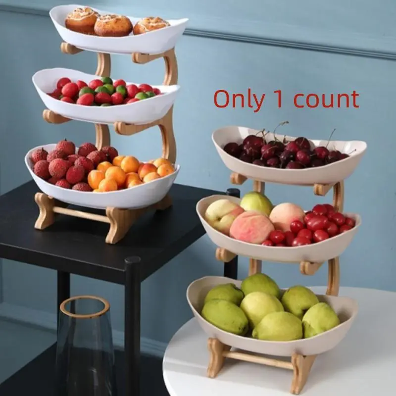 3 Tier Fruit Tray, 1 Count Dessert Plate with Bamboo Stand, Snack Serving Tray for Home Kitchen Party, Summer for Gift 0