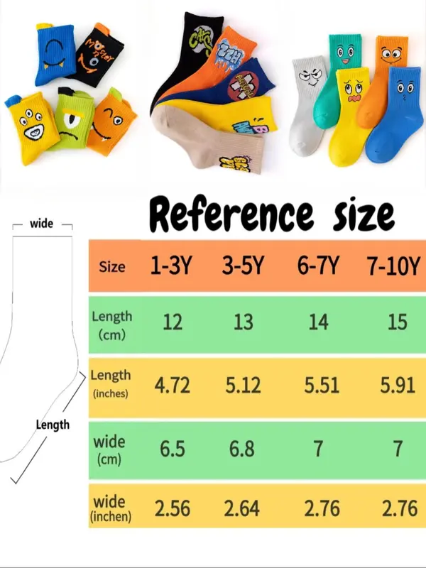 Boys' Cartoon Face & Letter Print Calf Socks, Casual Cute Comfy Breathable Fashion Mid-calf Socks for Daily Wear, Kids Socks for All Seasons, Casual Stylish Socks 5