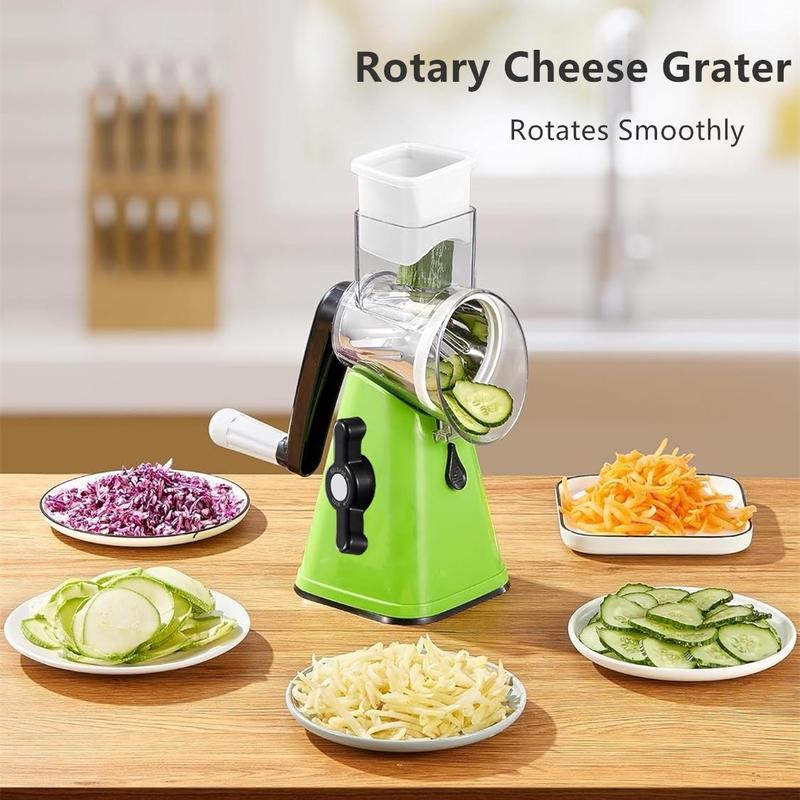 Product Introduction of Rotary Cheese Grater, Multifunctional Manual Vegetable Chopper with 3 Stainless Steel Interchangeable Blade, Hand Crank Vegetable Grater for Kitchen 8