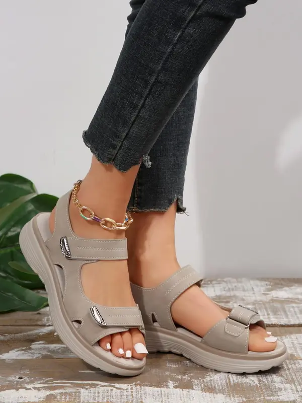 Women's Fashionable Plain Color Velcro Sandals, Casual Comfortable Platform Sandals for Beach, Outdoor Sports Sandals for Daily Wear 5