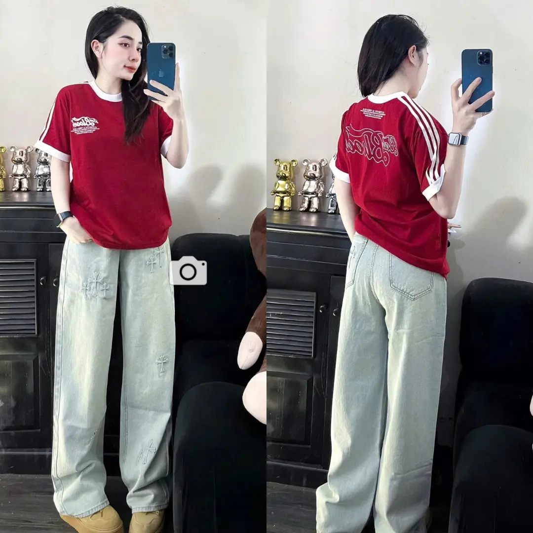Áo phông nữ cổ tròn kẻ viền tay in chữ chất liệu cotton. Áo thun nữ đẹp 3 màu be đỏ đen hottren 2025 áo phông nữ