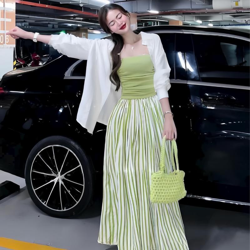 Set đồ nữ 3 món áo lót ống kèm khoác đũi tay dài cài nút thật mix chân váy lennin có lót, có túi xinh xắn dành cho các nàng diện đi chơi Women Top