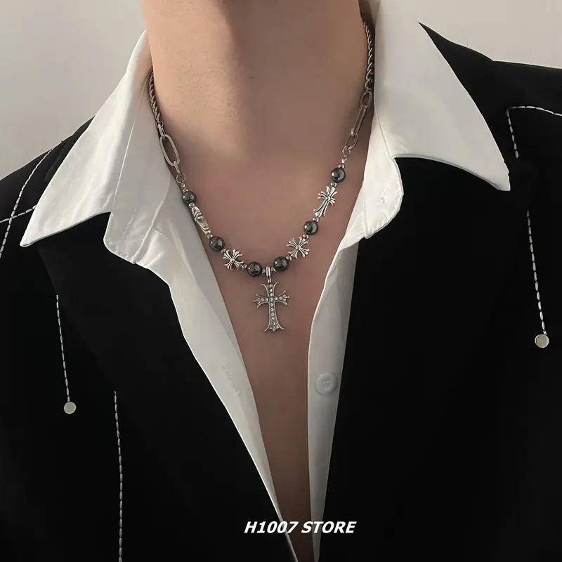 Vòng Cổ Dây Chuyền Xương Đòn Thiết Kế Độc Đáo, Phong Cách Nguyên Bản Và Hip Hop, Ngầu, Làm Bằng Thép Titan, Với Ngọc Trai Dệt Kim Và Thiết Kế Chữ Thập, Thích Hợp Cho Vòng Cổ Áo Len, Đồ Trang Sức Hình Con Voi Thiết Kế Đẹp 2