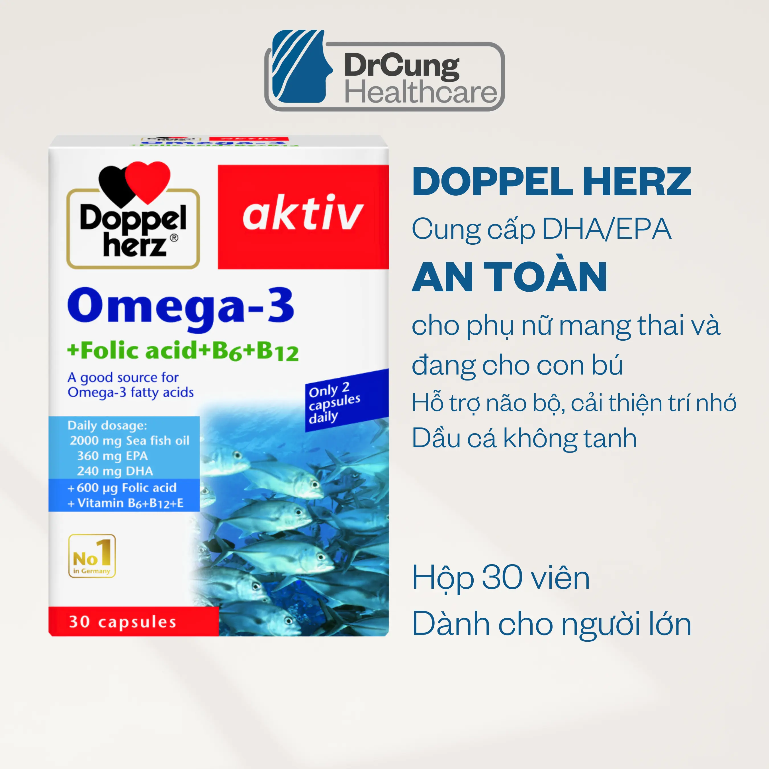 ID1 Doppelherz OMEGA-3 Thực phẩm bổ sung sức khỏe Acid Folic,B6,B12 dành cho người lớn Hộp 30 viên Hàng nhập khẩu chính hãng