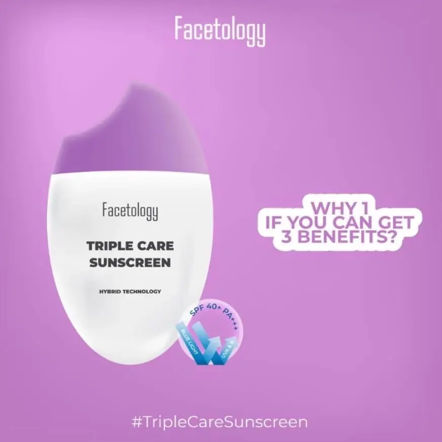 Facetology Triple Care Sunscreen 40ml & 100ml Hybrid UV Filters Double Brightening Agents and Calming