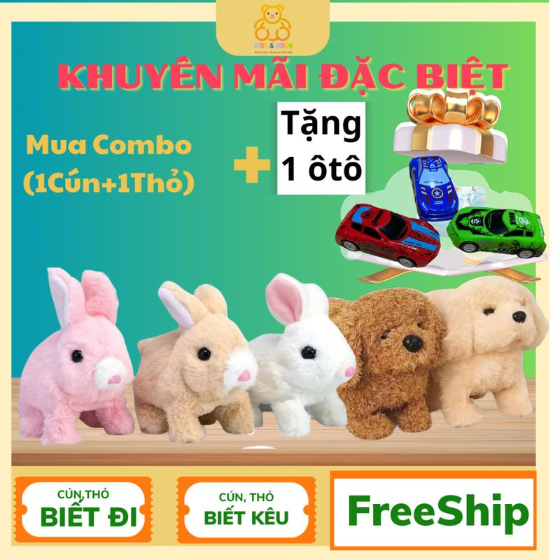 Chó, Thỏ bông biết đi, sủa kêu, biết vẫy đuôi , đồ chơi trẻ em cho bé tặng Pin Voi Kem