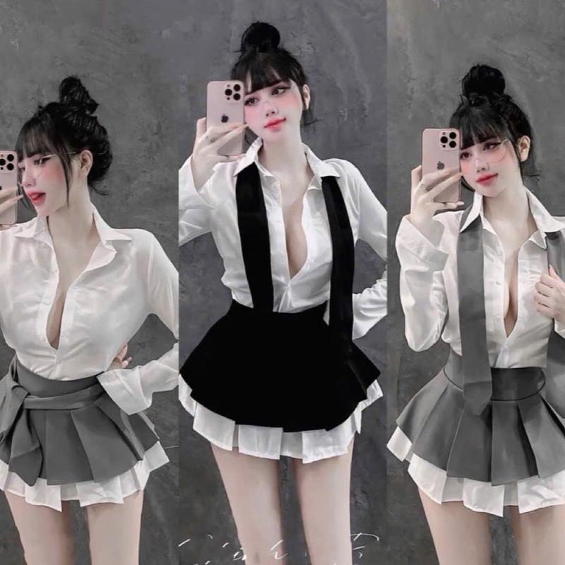 Áo sơ mi Lụa Kèm cavat Phối Chân váy Xê s Li viền Lụa xoè size 40-54kg 6