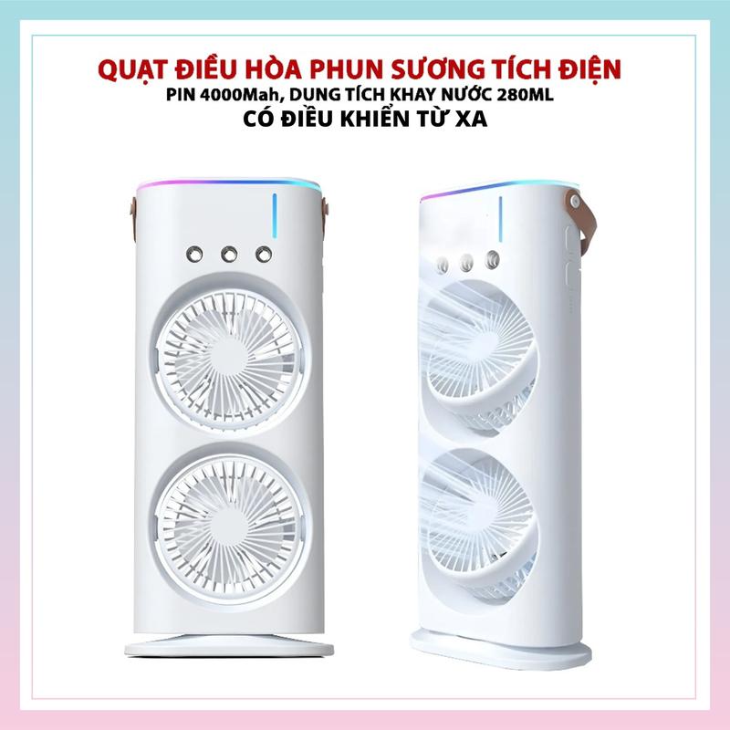 Quạt Phun Sương Tích Điện Có Điều Khiển Từ Xa Kèm Dây USB Type C - Quạt Điều Hòa Tích Điện Có 2 Khoang 3 Vòi Phun Sương