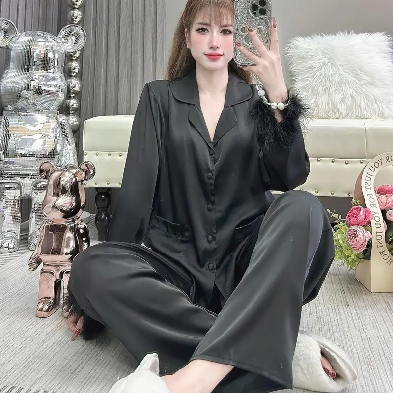 TAY LÔNG VŨ, (40-60Kg và 60-75Kg), Đồ Bộ Nữ, Tay Dài Quần Dài, In Họa Tiết Trơn Viền Tua Rua, Chấy Vải Lụa Mịn, Mềm, Mát 3
