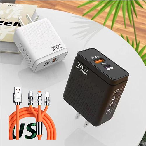 Combo củ sạc nhanh 30W(1 cổng USB+1 Type-C) và cáp sạc nhanh 3 đầu (IP,Micro, TypeC)