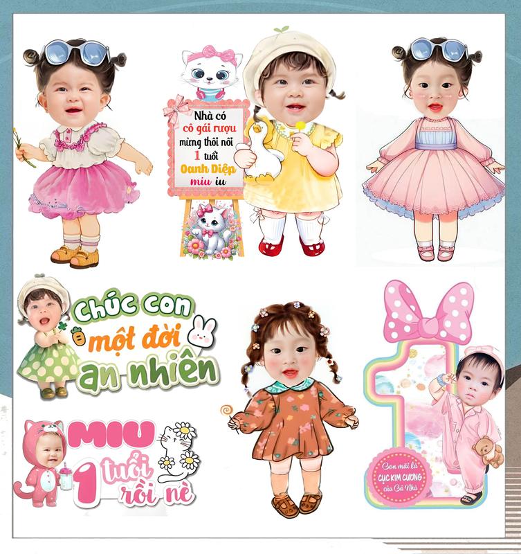 in ảnh chibi sét 7 chi tiết chibi bé gái trang trí thôi nôi sinh nhật để bàn sét  trang