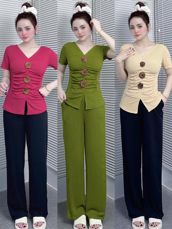 Đồ bộ mặc nhà thun gân, áo kiểu, quần ống suông rộng, size 45-75kg, phù hợp mọi hoạt động,  Nữ Women