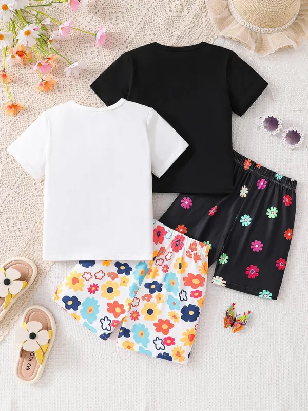 Girl's Floral Print Tee & Shorts Set, Casual Cute Round Neck Short Sleeve T-shirt & Shorts, Summer Clothes for Kids 1