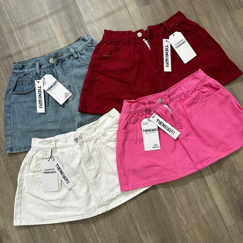  Chân Váy Jean Ngắn Xoè Bồng Có Quần Trong Cho Nữ Màu Đỏ Xanh Trắng Đen- Full Szie 40-75kg - Nữ 
