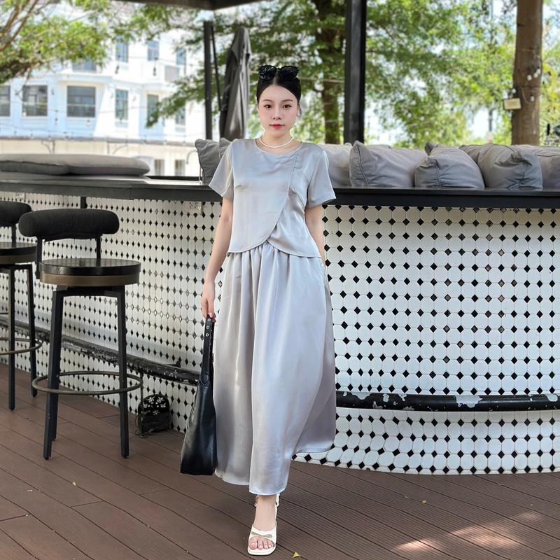  S159 SET CHÂN VÁY VÀ ÁO TAY NGẮN ĐẮP CHÉO CHẤT LIỆU LỤA FREESIZE Nữ Women Top - set đồ sang chảnh nữ 