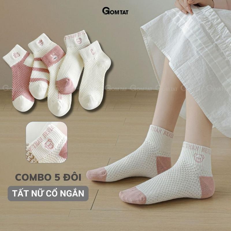 Combo 5 đôi tất nữ cổ ngắn GOMTAT, vớ thấp cổ nữ chất liệu cotton cao cấp, tất nữ màu sắc basic hút ẩm thoáng khí, khử mùi êm chân, Women, Voi - D16-A097