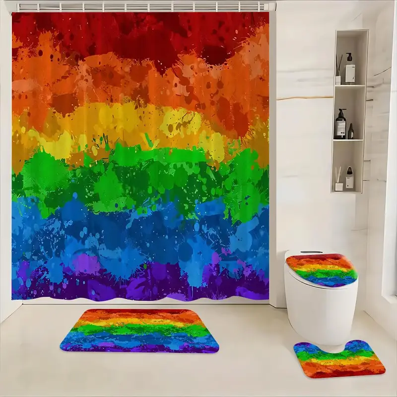 Rainbow Pattern Shower Curtain with 12 Hooks, 1 Count Colorful Bathroom Curtain and 1 Count U-shaped Mat & 1 Count Toilet Lid Cover, Bathroom Decor Supplies 8