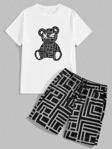 Men's All Over Bear Print Tee & Shorts Set, Regular Fit Casual Fashion Short Sleeve T-shirt & Track Shorts, Men's Summer Clothes, Shortsleeve, Menswear