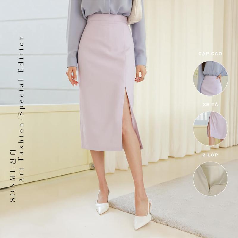 Chân váy xẻ tà trước dài midi chữ a suông công sở SONMI Hàn Quốc thiết kế cao cấp co giãn 2 lớp màu đen tím xanh be xám ghi nâu ROSALIE AMOUR SK117 Nữ Women
