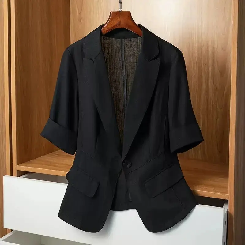 Black Solid Casual Turn-Down Collar Single Button Short Sleeve Women's Jacket Korean Fashion Suit Blazer Short Jackets Coat 2024 Womenswear Tops