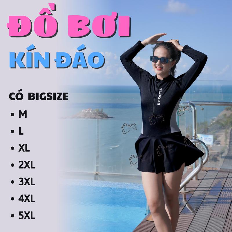 [Có Bigsize] Đồ bơi nữ tay dài bikini liền thân váy, chống nắng kín đáo đen phối xám, thiết kế thể thao